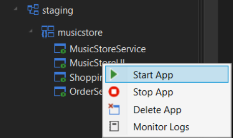 Image of right-click options for working with an app. Includes start/stop/delete or viewing logs