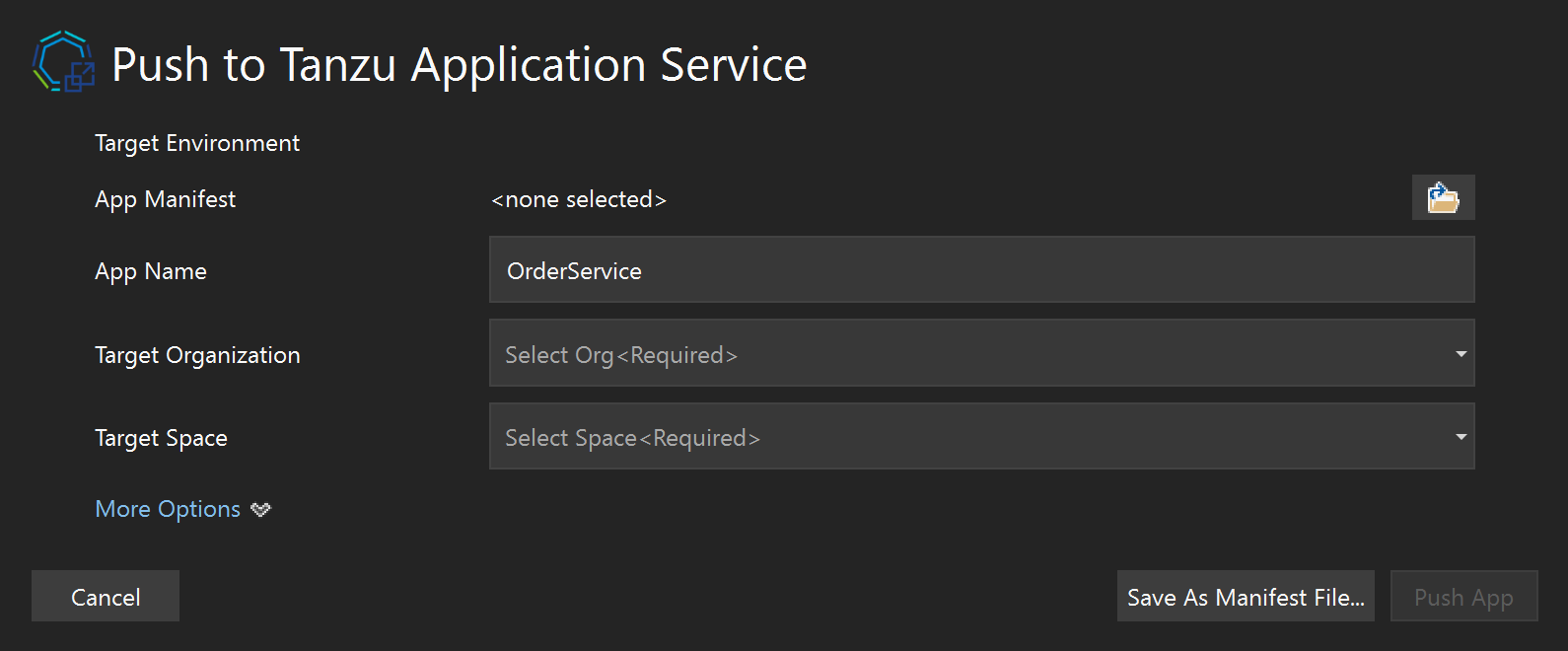 Image of the window that configures cf push of the application to Tanzu