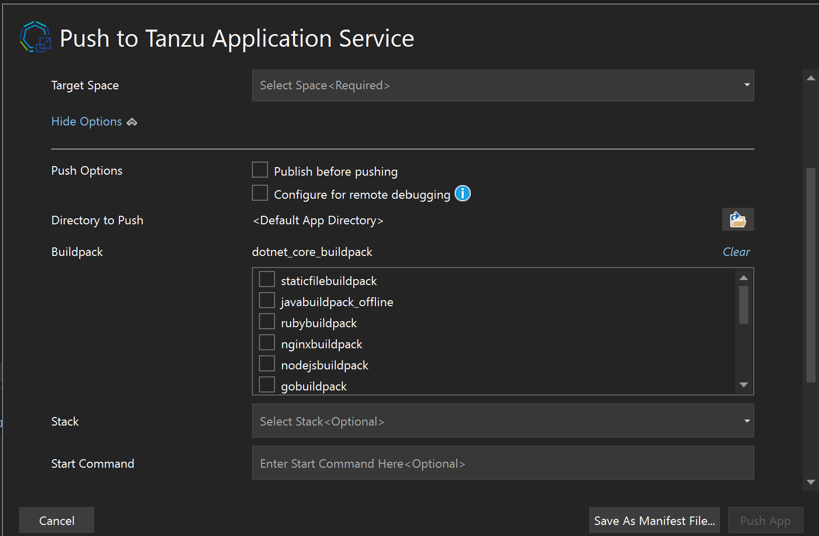 Image of the window that configures buildpacks and service references