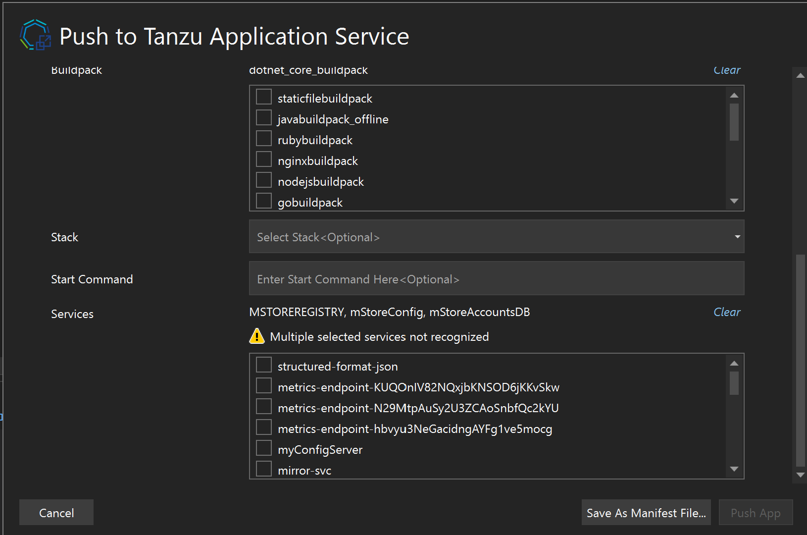 Image of the window that configures buildpacks and service references