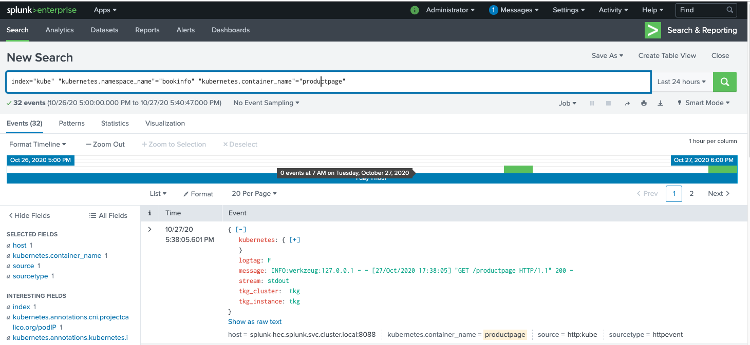 splunk: logs for Istio data plane app container