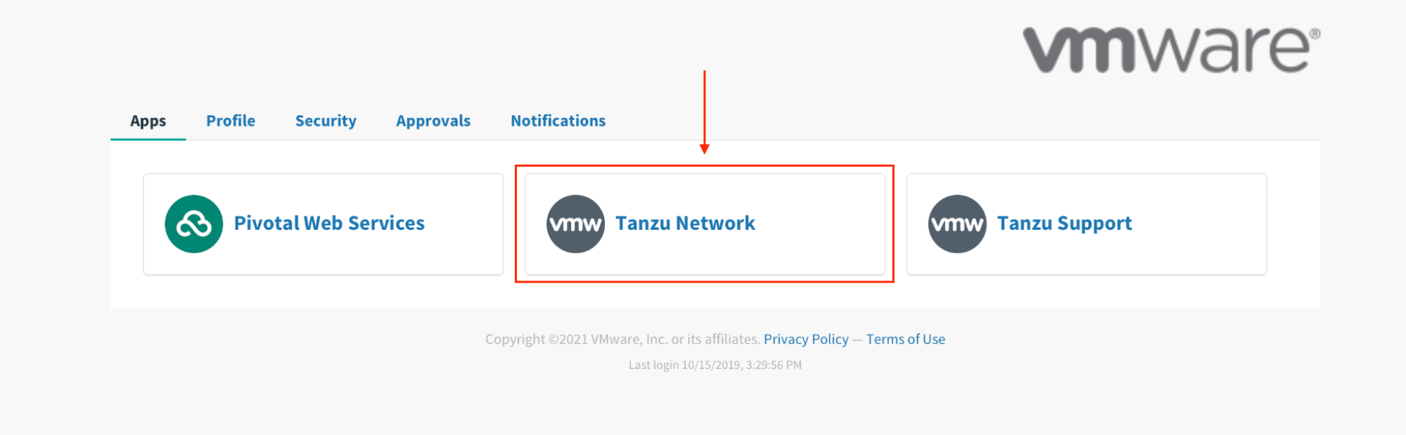 Site selection page for VMware Tanzu