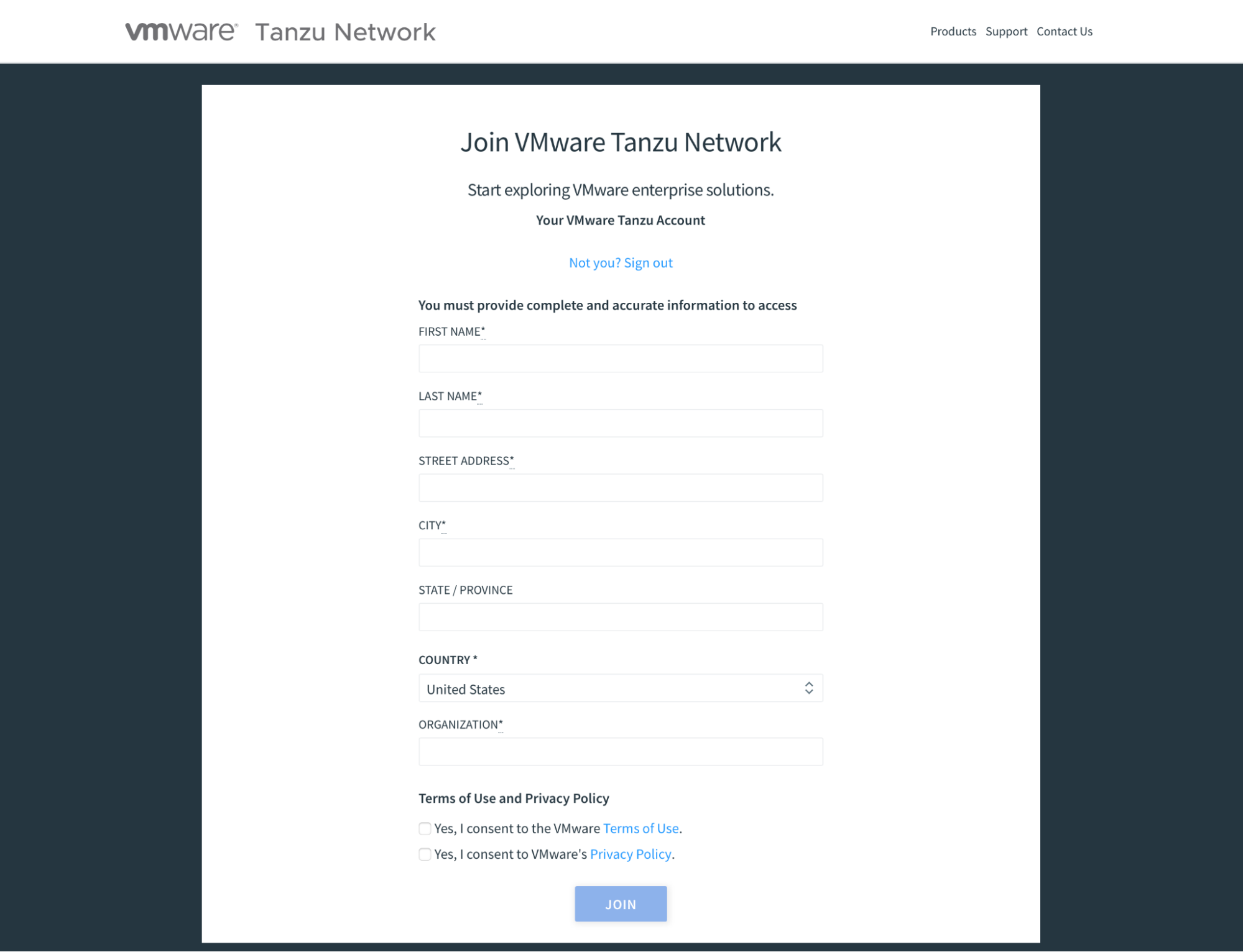 The account creation page for the Tanzu Network