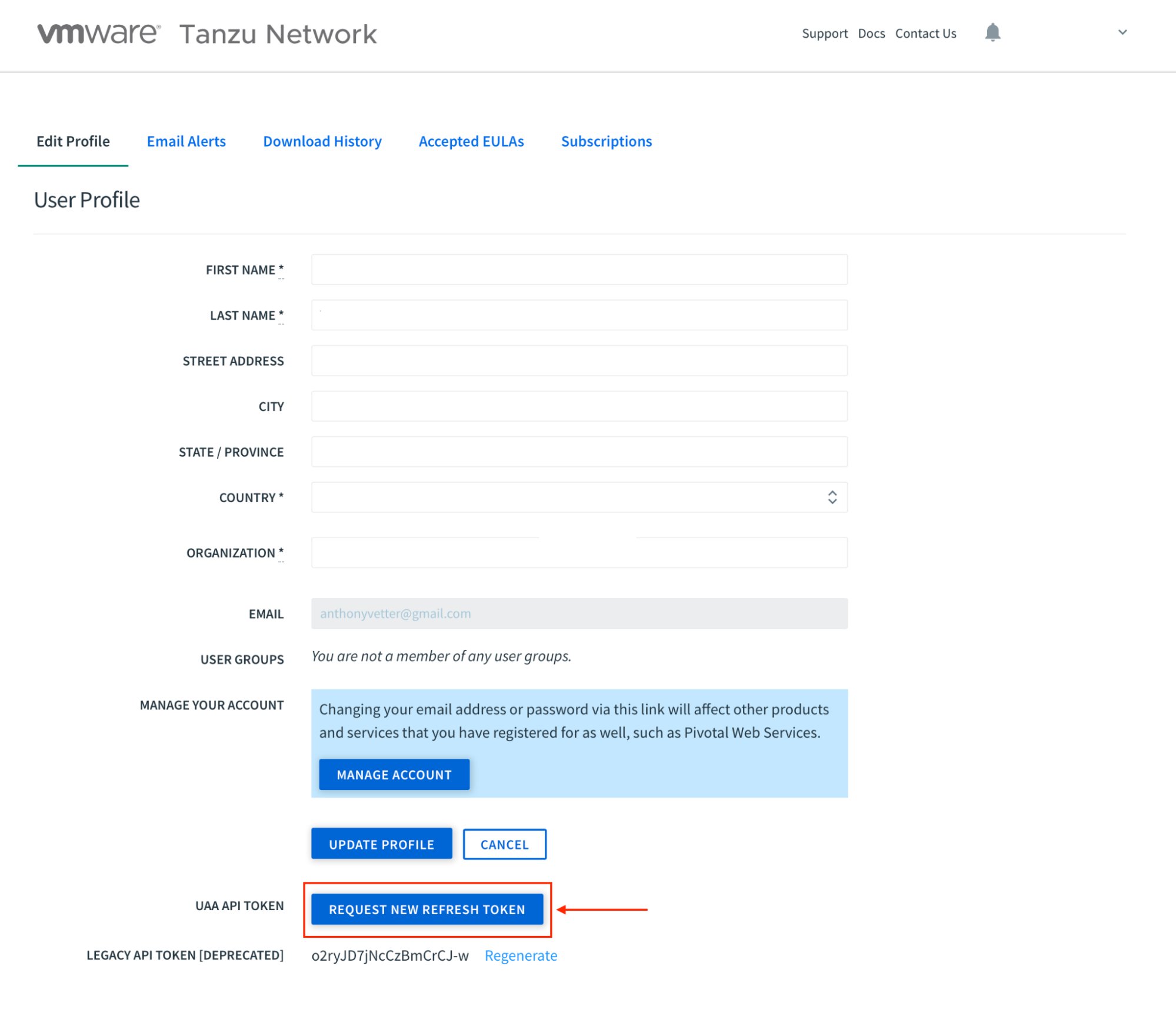 The profile for the Tanzu Network